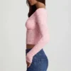 Top Lioren in pizzo trasparente con scollo profondo e maniche lunghe, colore rosa Top Lioren in pizzo trasparente con scollo profondo e maniche lunghe, colore rosa