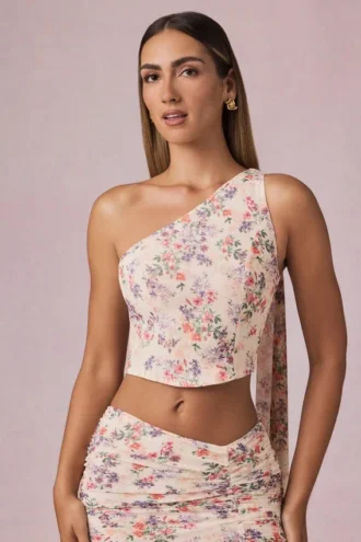Top monospalla con dettaglio a sciarpa Rae con stampa floreale Primrose