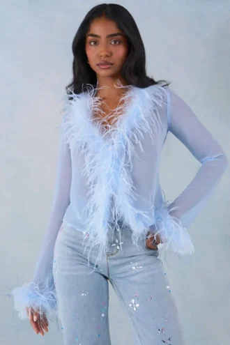 Top trasparente con bordi in piume Elisia in blu tenue