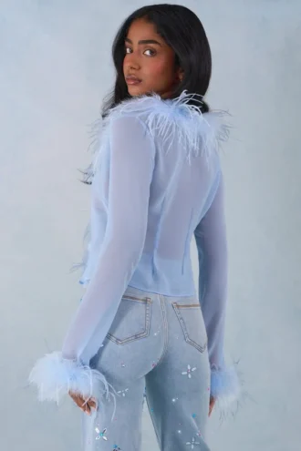 Top trasparente con bordi in piume Elisia in blu tenue
