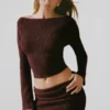 Top Wilona in maglia a costine con scollo a V, colore Espresso Top Wilona in maglia a costine con scollo a V, colore Espresso