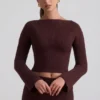 Top Wilona in maglia a costine con scollo a V, colore Espresso Top Wilona in maglia a costine con scollo a V, colore Espresso