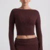 Top Wilona in maglia a costine con scollo a V, colore Espresso Top Wilona in maglia a costine con scollo a V, colore Espresso