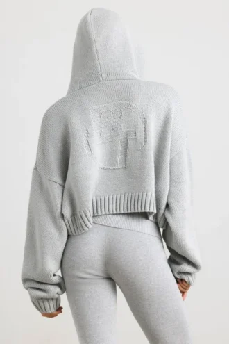 TRUE Felpa con cappuccio corta in maglia grossa con zip in grigio melange