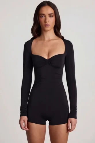Tuta Corte a maniche lunghe con scollo a cuore in morbido jersey Vionne, colore nero