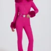 Tuta da sci aderente con cappuccio in pelliccia sintetica impermeabile in rosa magenta Tuta da sci aderente con cappuccio in pelliccia sintetica impermeabile in rosa magenta