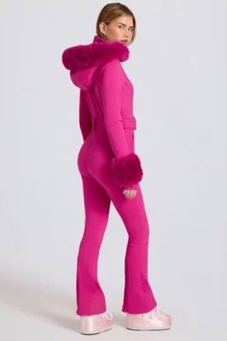 Tuta da sci aderente con cappuccio in pelliccia sintetica impermeabile in rosa magenta