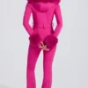 Tuta da sci aderente con cappuccio in pelliccia sintetica impermeabile in rosa magenta Tuta da sci aderente con cappuccio in pelliccia sintetica impermeabile in rosa magenta