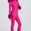 Tuta da sci aderente con cappuccio in pelliccia sintetica impermeabile in rosa magenta Tuta da sci aderente con cappuccio in pelliccia sintetica impermeabile in rosa magenta