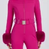 Tuta da sci aderente con cappuccio in pelliccia sintetica impermeabile in rosa magenta Tuta da sci aderente con cappuccio in pelliccia sintetica impermeabile in rosa magenta