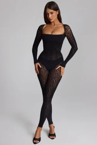 Tuta intera in maglia senza cuciture a maniche lunghe Irina in nero