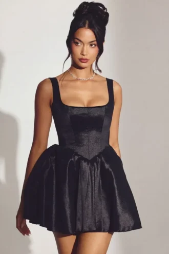 Vestito a corsetto in taffetà intrecciato Sueno in nero jet