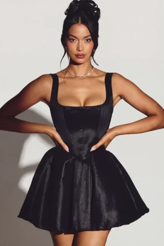 Vestito a corsetto in taffetà intrecciato Sueno in nero jet