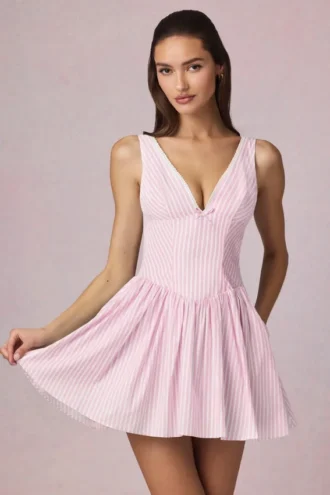Vestito A-line Marissa con fiocco in righe malva chiaro