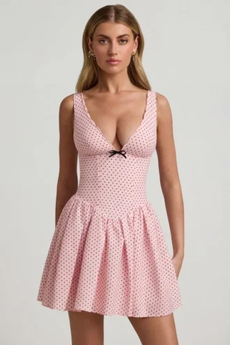 Vestito A-line Sabina con fiocco in rosa a pois