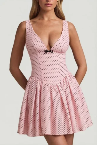 Vestito A-line Sabina con fiocco in rosa a pois