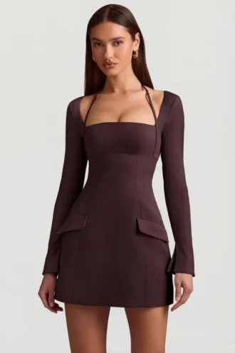 Vestito A-line strutturato a righe Ksenia in marrone cioccolato