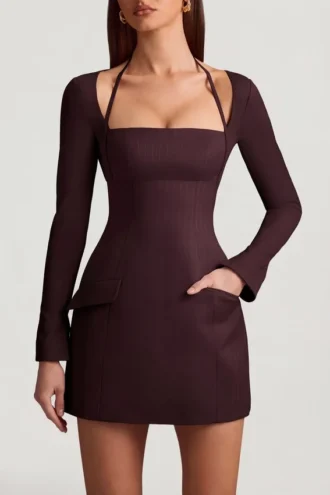 Vestito A-line strutturato a righe Ksenia in marrone cioccolato