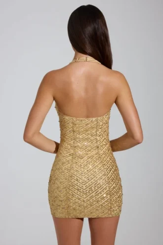 Vestito Arlona con scollo all’americana e decorazioni, color oro