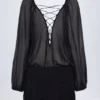 Vestito Avalon con maniche a palloncino e allacciatura in pizzo, nero Vestito Avalon con maniche a palloncino e allacciatura in pizzo, nero