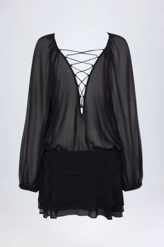 Vestito Avalon con maniche a palloncino e allacciatura in pizzo, nero