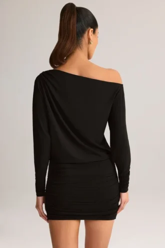 Vestito avvolgente con spalle scoperte in modal Mira, nero