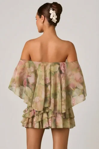 Vestito Birdie con spalle scoperte e volant in stampa floreale multicolore
