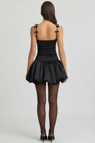 Vestito Cirilla con fiocco e orlo a palloncino arricciato, nero
