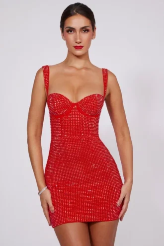 Vestito corto a corpetto con scollo a cuore decorato Ines in rosso fuoco
