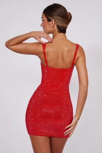Vestito corto a corpetto con scollo a cuore decorato Ines in rosso fuoco