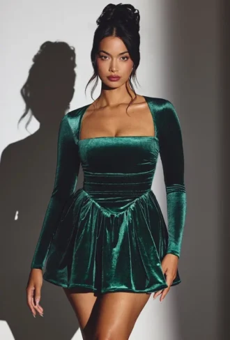 Vestito corto a corsetto con maniche lunghe in velluto Tera, verde smeraldo