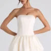 Vestito corto a corsetto con orlo a palloncino e allacciatura Fabiola in avorio