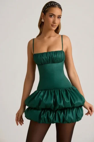 Vestito corto a corsetto con orlo a palloncino in raso Clarice, verde smeraldo