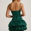 Vestito corto a corsetto con orlo a palloncino in raso Clarice, verde smeraldo