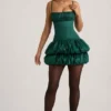 Vestito corto a corsetto con orlo a palloncino in raso Clarice, verde smeraldo