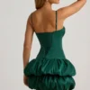Vestito corto a corsetto con orlo a palloncino in raso Clarice, verde smeraldo