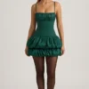 Vestito corto a corsetto con orlo a palloncino in raso Clarice, verde smeraldo