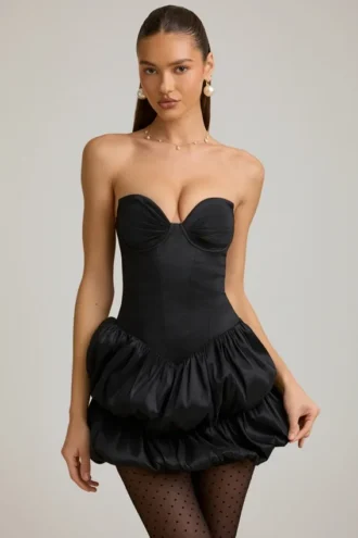 Vestito corto a corsetto con orlo a palloncino in raso Laela, nero