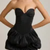 Vestito corto a corsetto con orlo a palloncino in raso Laela, nero