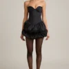 Vestito corto a corsetto con orlo a palloncino in raso Laela, nero