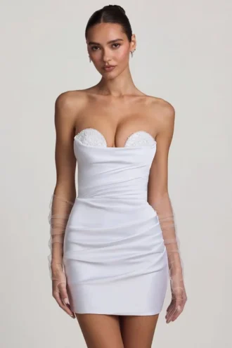 Vestito corto a corsetto con ruches Tirza in bianco