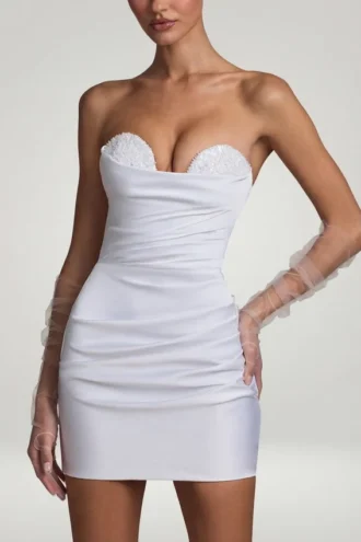 Vestito corto a corsetto con ruches Tirza in bianco