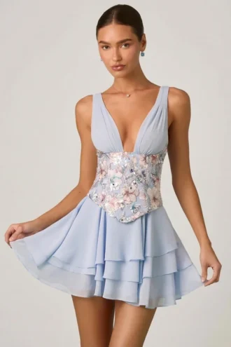 Vestito corto a corsetto con volant decorati Sakura in blu floreale