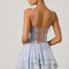 Vestito corto a corsetto con volant decorati Sakura in blu floreale Vestito corto a corsetto con volant decorati Sakura in blu floreale