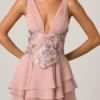 Vestito corto a corsetto con volant decorato Sakura in rosa floreale