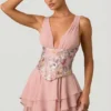 Vestito corto a corsetto con volant decorato Sakura in rosa floreale