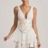 Vestito corto a corsetto con volant e decorazioni Sakura in avorio