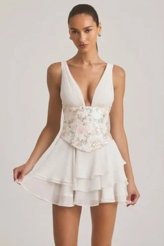 Vestito corto a corsetto con volant e decorazioni Sakura in avorio