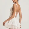 Vestito corto a corsetto con volant e decorazioni Sakura in avorio