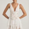 Vestito corto a corsetto con volant e decorazioni Sakura in avorio